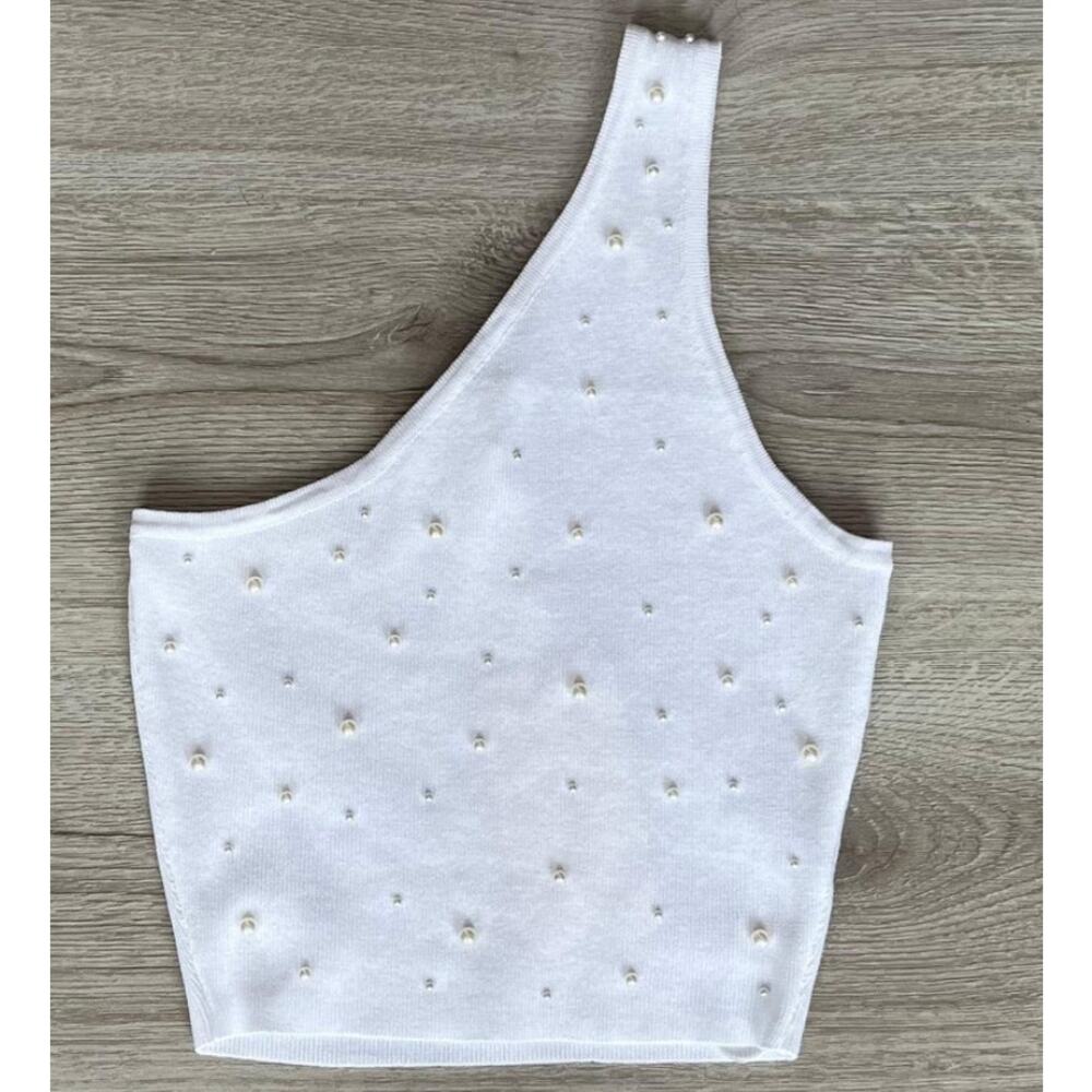 LOVE TREE One Shoulder White Cropped Top with Pearls size S
